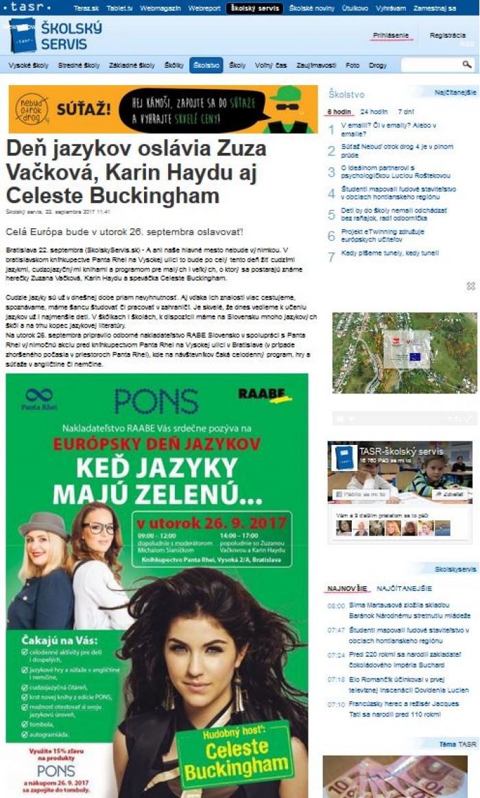 www.skolskyservis.sk – 22. 9. 2017: Deň jazykov oslávia Zuza Vačková, Karin Haydu aj Celeste Buckingham 