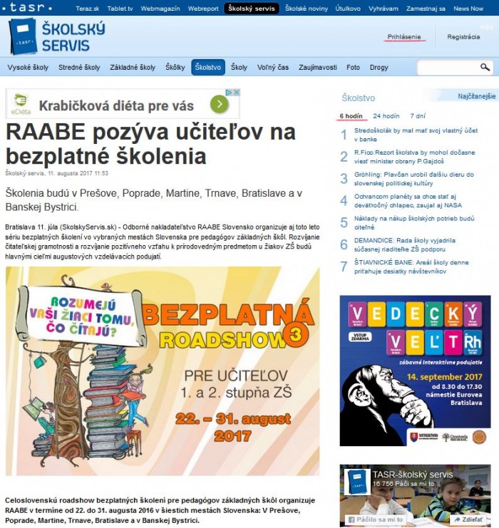 skolskyservis.sk – 11. 8. 2017: RAABE pozýva učiteľov na bezplatné školenia