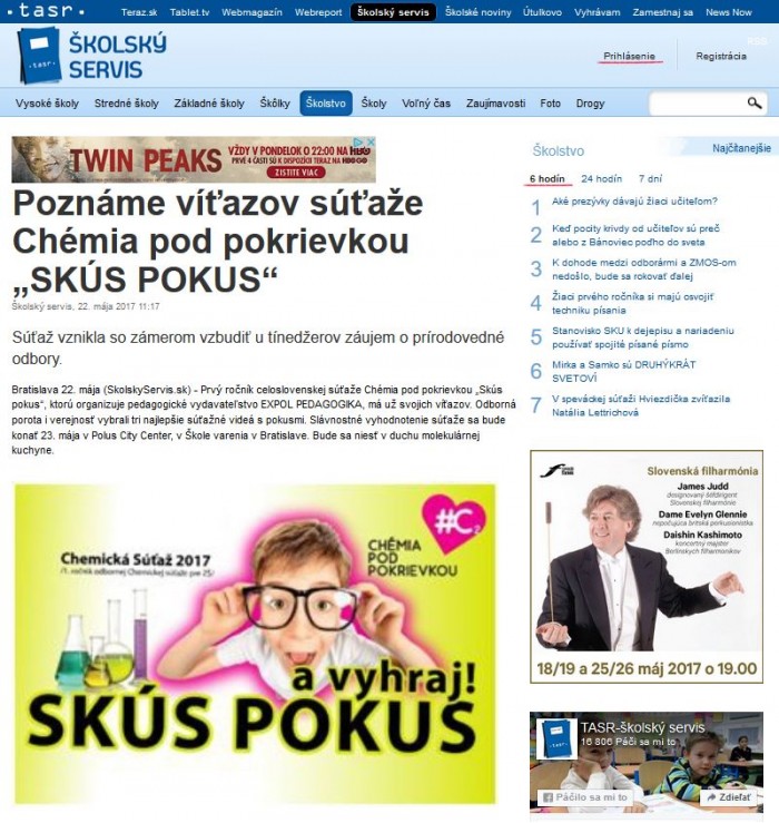 skolskyservis.sk – 22. 5. 2017: Poznáme víťazov súťaže Chémia pod pokrievkou „SKÚS POKUS“ 