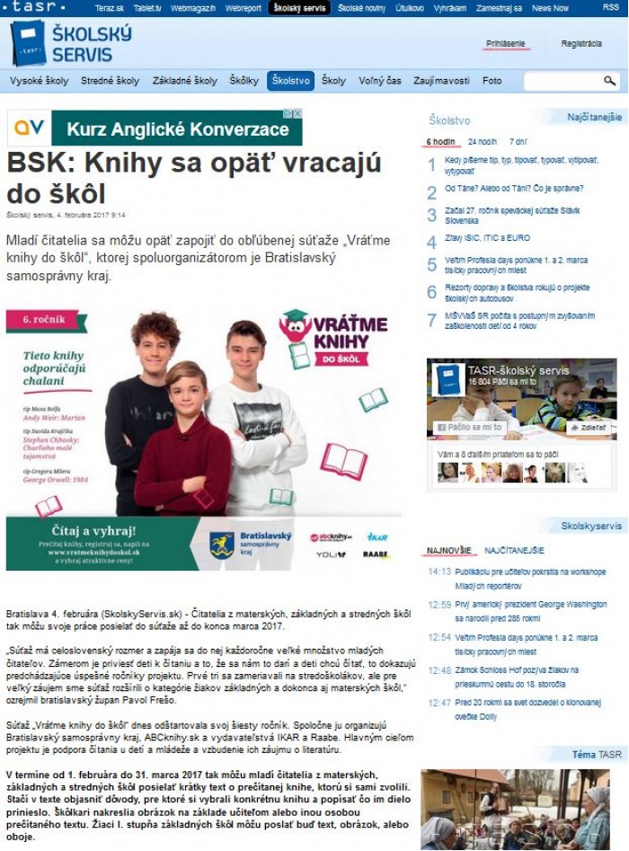 skolskyservis.sk – 4. 2. 2017: BSK: Knihy sa opäť vracajú do škôl