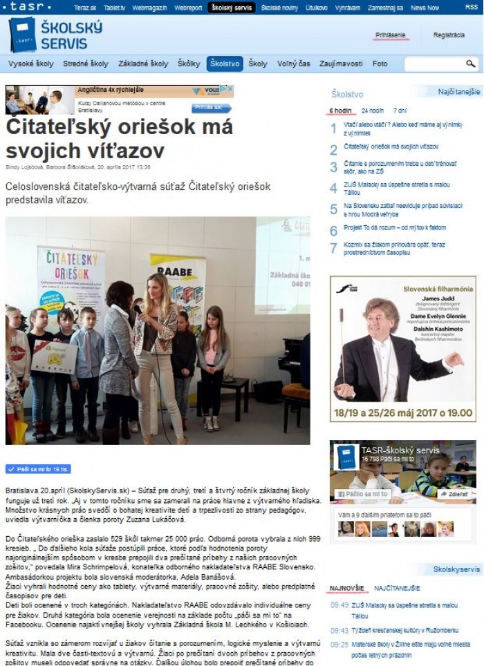 skolskyservis.sk – 20. 4. 2017: Čitateľský oriešok má svojich víťazov 