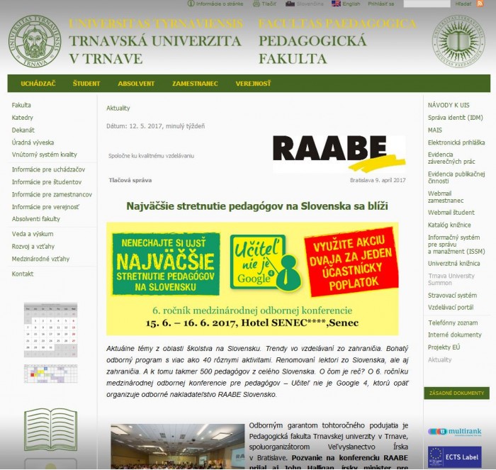 pdf.truni.sk – 12. 5. 2017: Najväčšie stretnutie pedagógov na Slovenska sa blíži