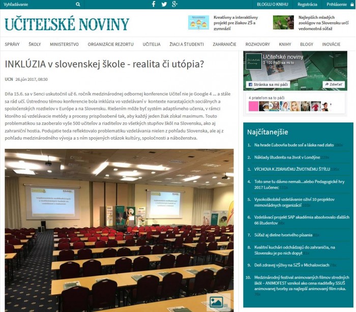 Učiteľské noviny – 26. 6. 2017: INKLÚZIA v slovenskej škole - realita či utópia? 