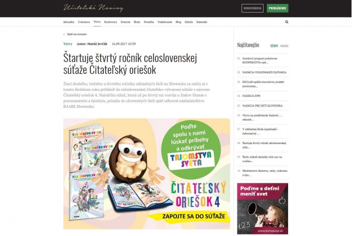 www.ucn.sk – 16. 9. 2017: Štartuje štvrtý ročník celoslovenskej súťaže Čitateľský oriešok 