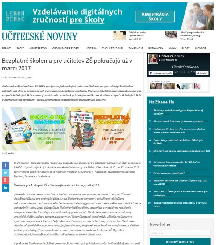 ucn.sk – 24. 2. 2017: Bezplatné školenia pre učiteľov ZŠ pokračujú už v marci 2017 