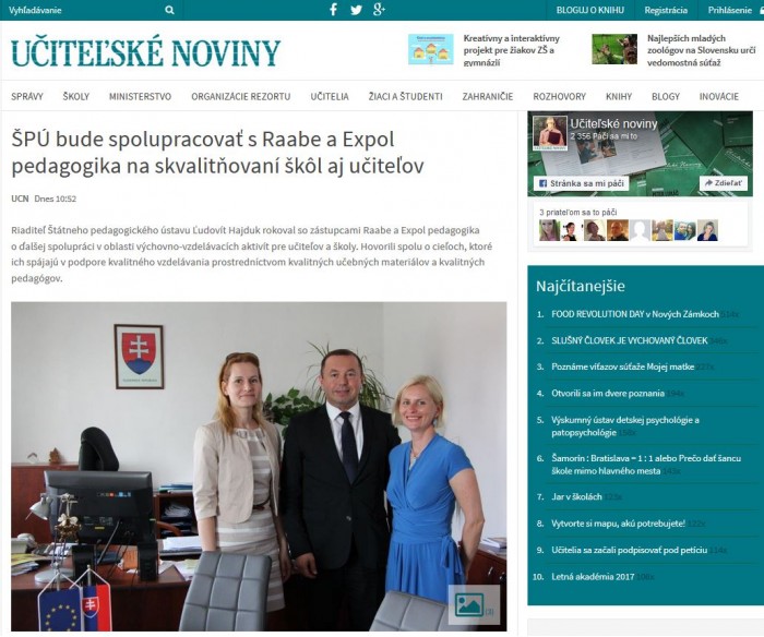 ucn.sk – 25. 5. 2017: ŠPÚ bude spolupracovať s Raabe a Expol pedagogika na skvalitňovaní škôl aj učiteľov 