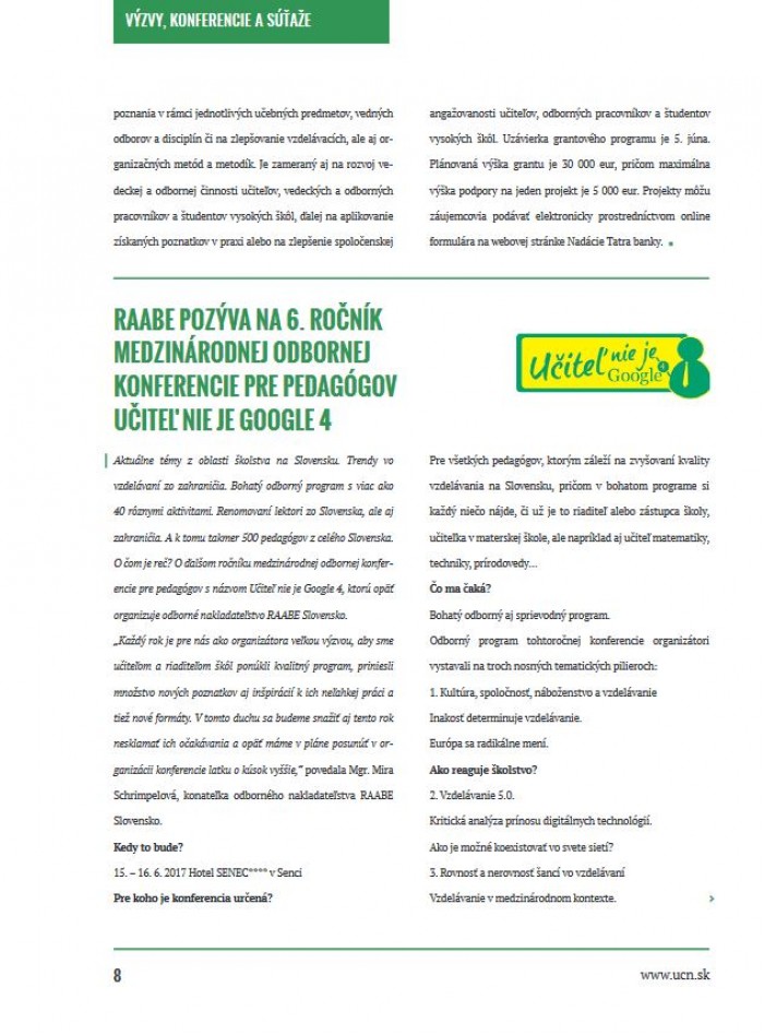 Učiteľské noviny 5/2017, strana 8-9: RAABE pozýva na 6. ročník medzinárodnej odbornej konferencie pre pedagógov 